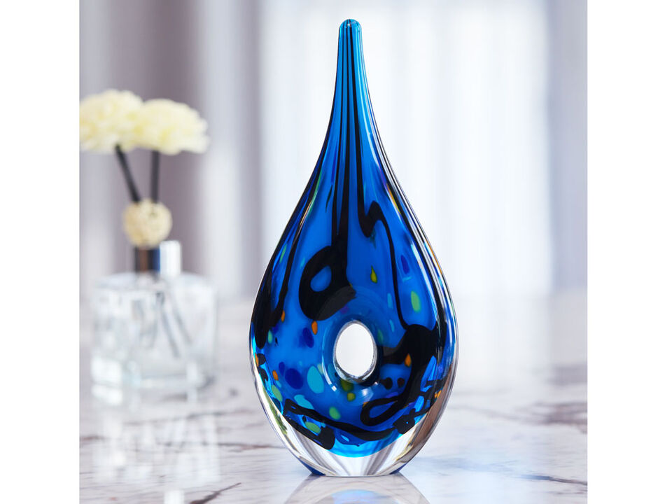 Hand Blown Abstract Hollow Blue Tear Drop Sommerso Art Glass Sculpture