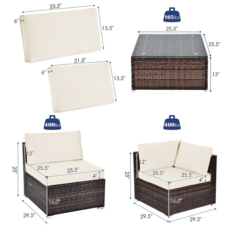 6 Pieces Patio Rattan Furniture Set with Cushions and Glass Coffee Table