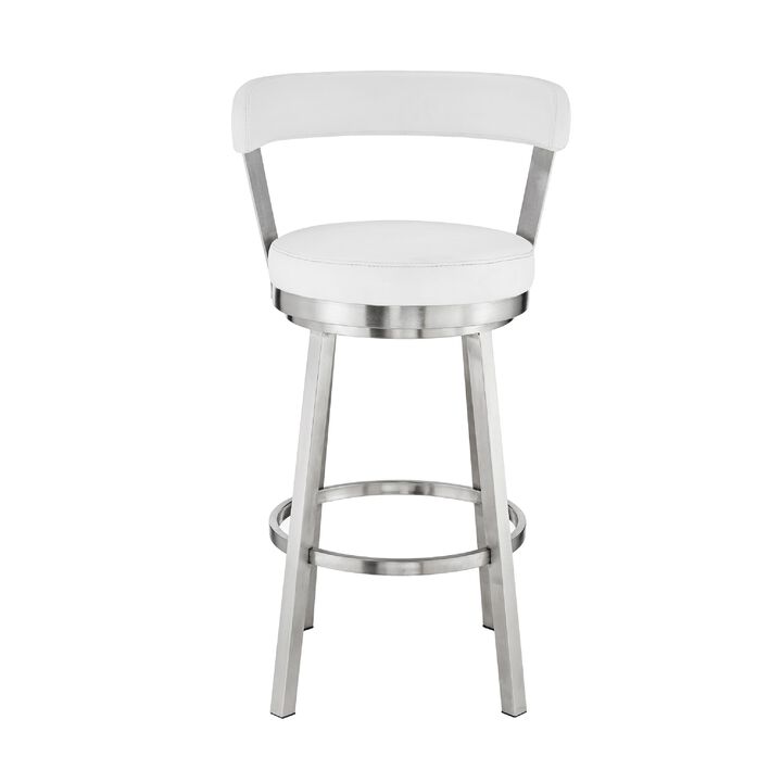 Swivel Counter Barstool with Curved Open Back and Metal Legs, White and Silver-Benzara