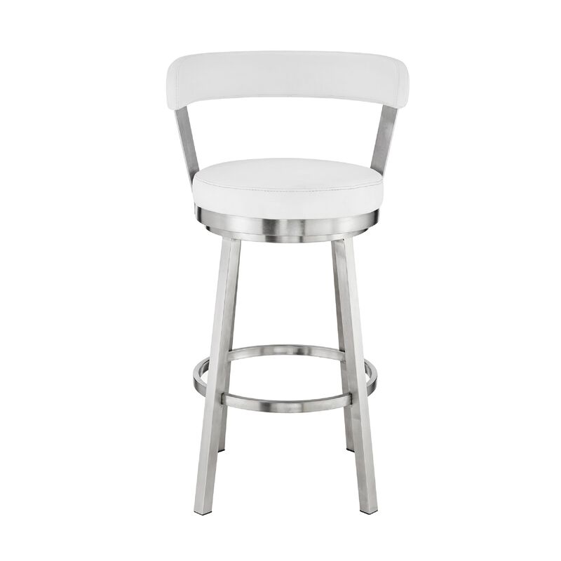 Swivel Counter Barstool with Curved Open Back and Metal Legs, White and Silver-Benzara