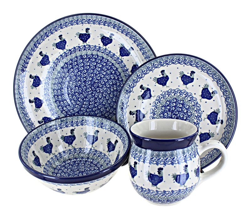 Blue Rose Polish Pottery Herb Garden 16 Piece Dinner Set