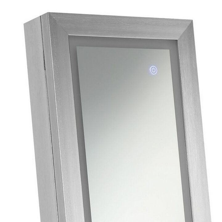 58 Inch Full Body Floor Cheval Mirror, Jewelry Storage, LED, Silver-Benzara