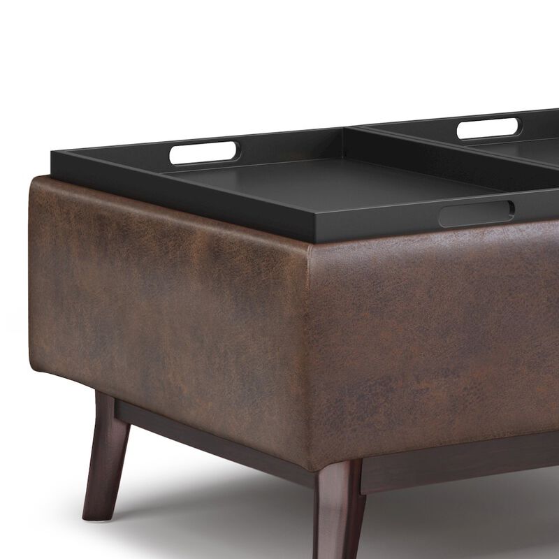 Simpli Home Small Coffee Table Storage Ottoman In Distressed Chestnut Brown Faux Leather