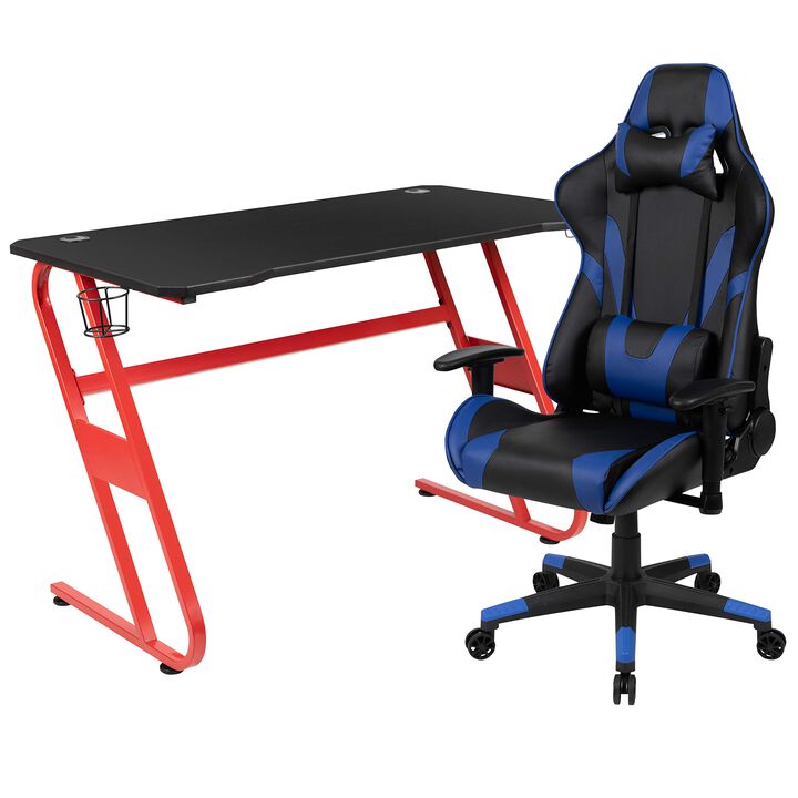 Flash Furniture Optis Red Gaming Desk and Blue Reclining Gaming Chair Set with Cup Holder and Headphone Hook