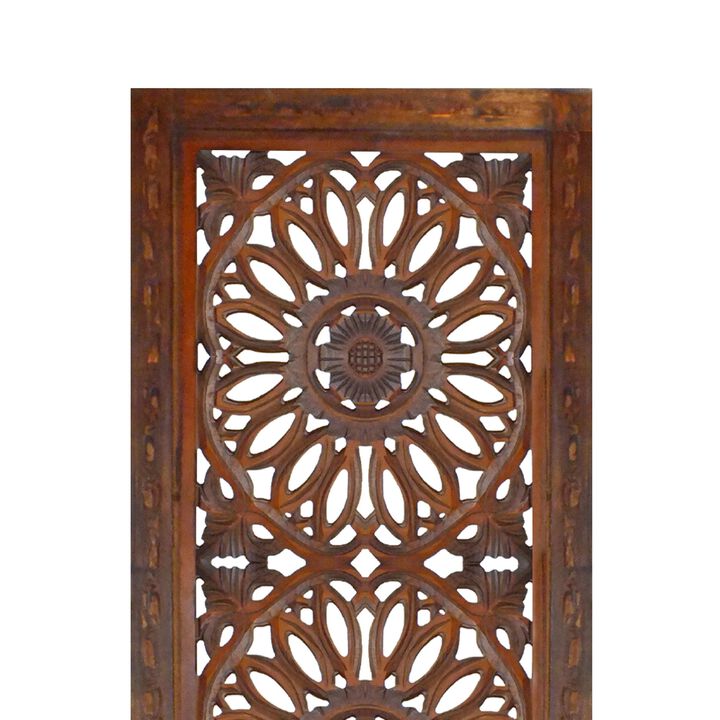 2 Piece Mango Wood Wall Panel Set with Mendallion Carving, Burnt Brown-Benzara
