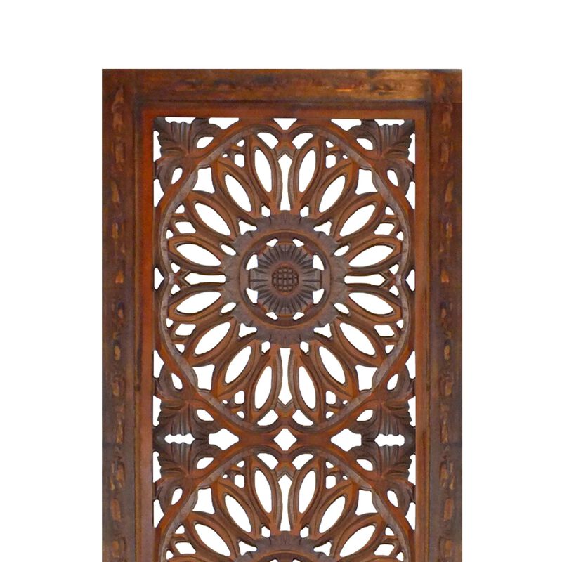 2 Piece Mango Wood Wall Panel Set with Mendallion Carving, Burnt Brown-Benzara