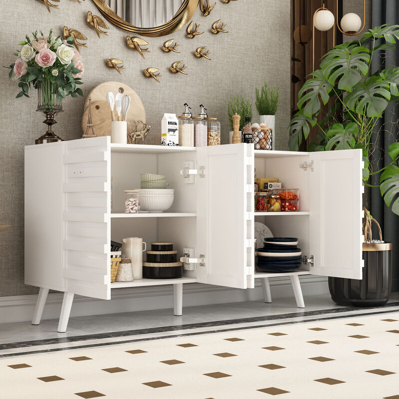FUFU&GAGA Modern Storage Cabinet with White Embossed Design and Solid Wood Legs, Stylish Organizer for Living Room or Bedroom (55.1"W x 31.4"H x 15.7"D),White