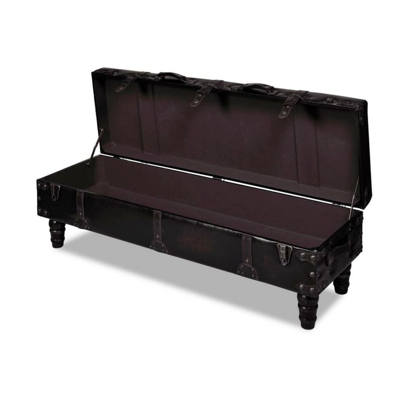 Storage Bench Ottoman, Solid Wood, Black Tufted Faux Leather, 44 Inch - Benzara