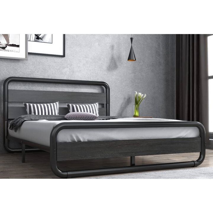 Heavy Duty Industrial Modern Metal Wood Platform Bed Frame with Headboard