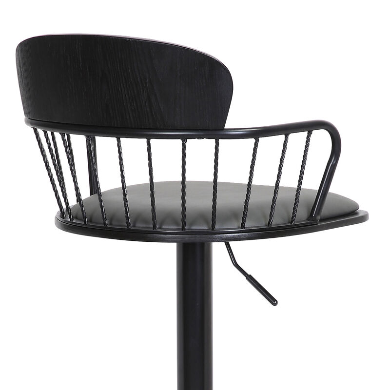 Nash Adjustable Black Wood Stool in Grey Faux Leather with Black Metal