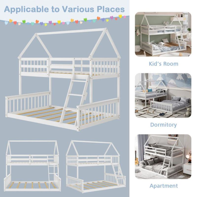 Hivvago Twin Over Full House Bunk Bed with Ladder and Guardrails-White