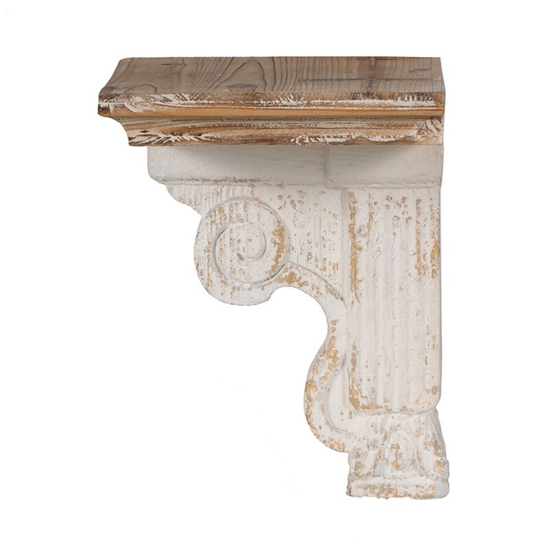 Rick 14 Inch Wall Shelf, Rectangular Brown Top, Fir Wood, Distressed White - Benzara