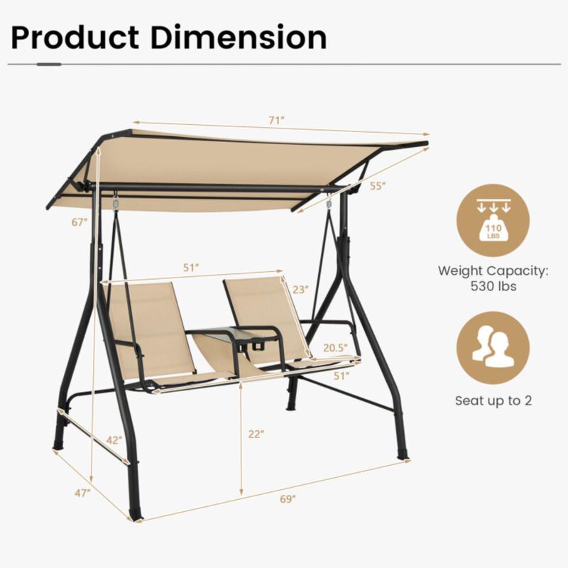 Hivvago 2-Seat Outdoor Cushioned Porch Swing with Adjustable Canopy and Tempered Glass Table-Beige