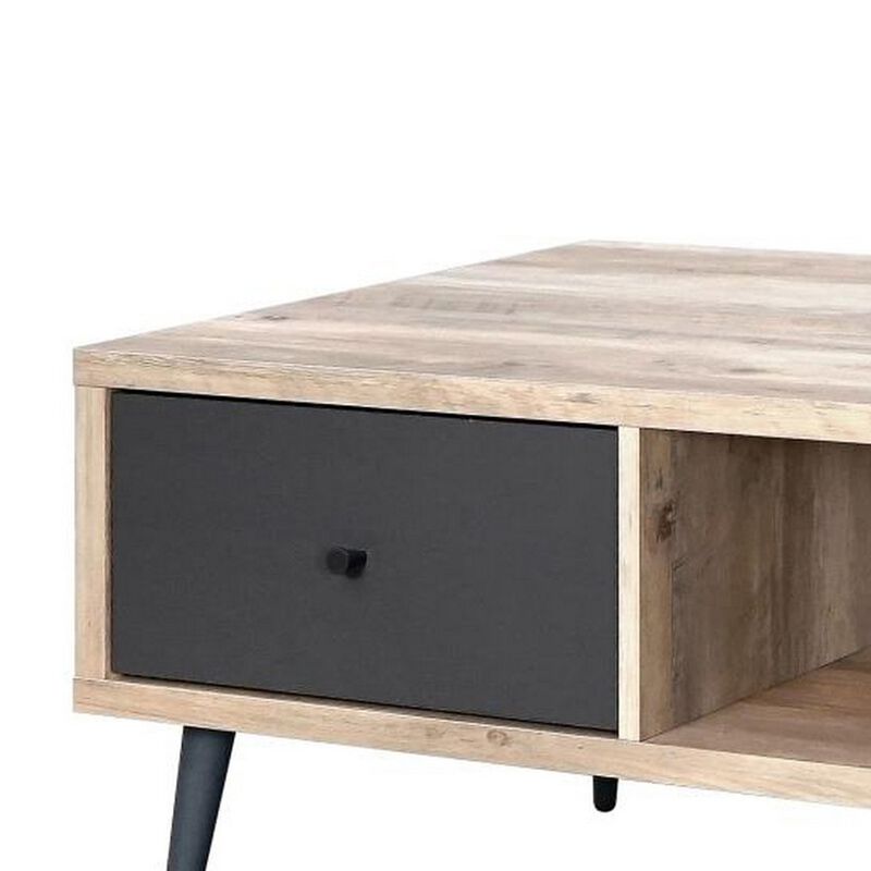 Carly 47 Inch Coffee Table, Tapered Legs, 1 Drawer, Light Brown and Gray - Benzara