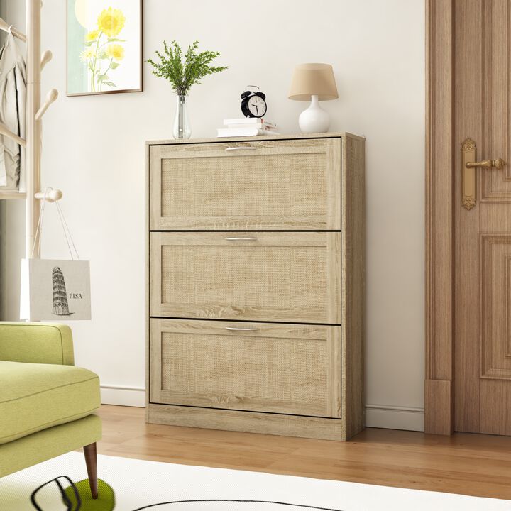 42.5 in. H x 31.5 in. W Burly Wood Color Wooden Shoe Storage Cabinet with 3 Large Drawers and 6 Shelves in Total