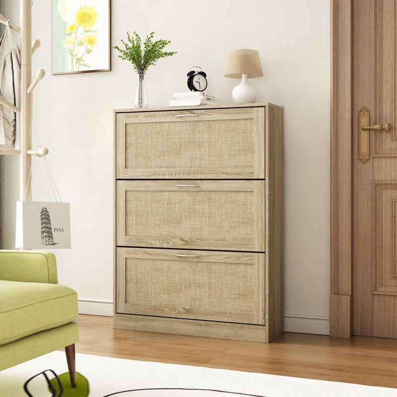 42.5 in. H x 31.5 in. W Burly Wood Color Wooden Shoe Storage Cabinet with 3 Large Drawers and 6 Shelves in Total