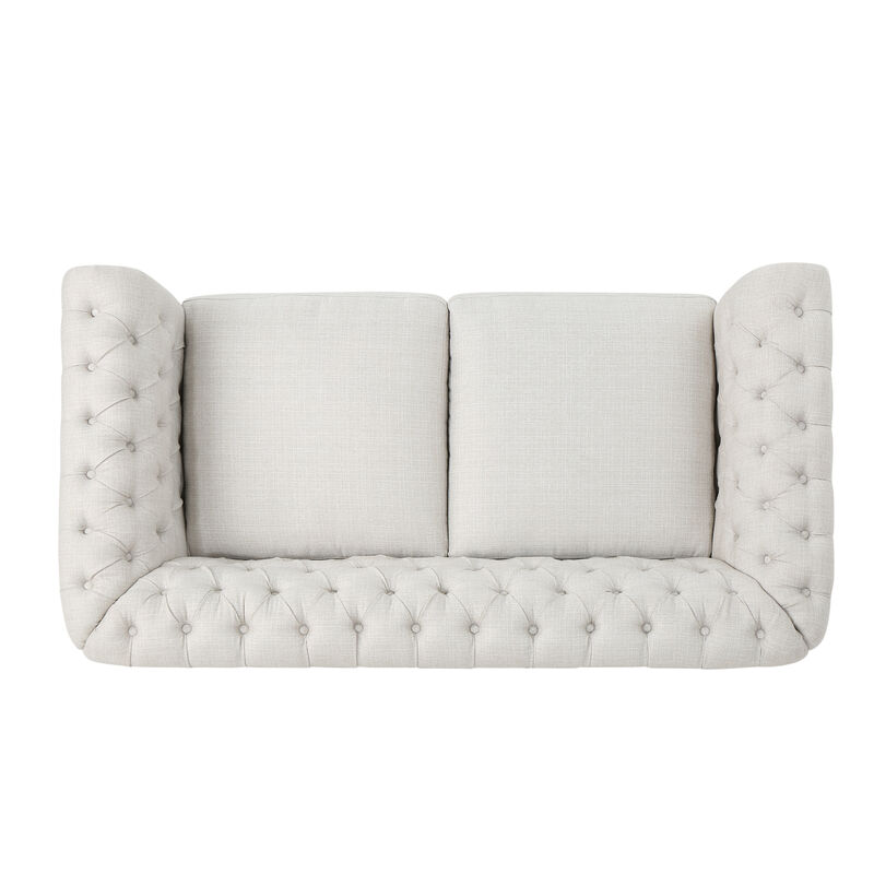 Bernie Loveseat 62 Inch Sofa, Nailhead Trim, Solid Wood Beige Tufted Fabric - Benzara
