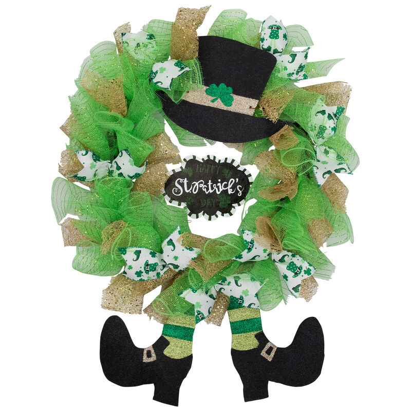 Happy St. Patrick's Day Ribbon Wreath with Leprechaun Hat  24-Inch