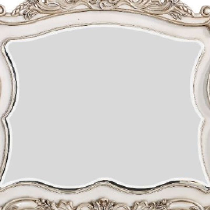 50 Inch Solid Wood Mirror, Scalloped, Scroll Ornate Trim, Antique White-Benzara