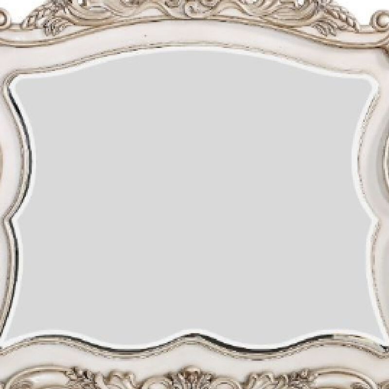 50 Inch Solid Wood Mirror, Scalloped, Scroll Ornate Trim, Antique White-Benzara