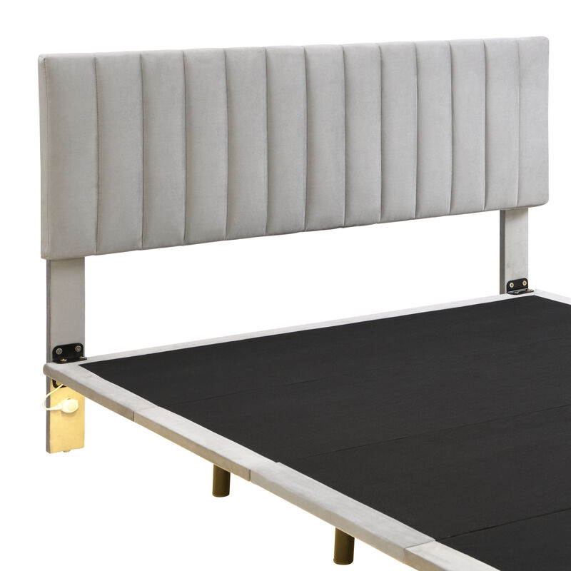 Queen Size Upholstered Bed With Sensor Light And Headboard, Floating Velvet Platform Bed, Gray