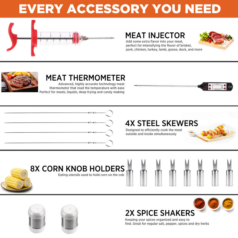 Commercial Chef BBQ Grilling Accessories - Weber Grill BBQ Accessories - BBQ Tools Set - Barbeque Smoker Accessories - For Tailgating, Camping Kitchen - Birthday Chef Grilling Gifts for Men (25 Piece)