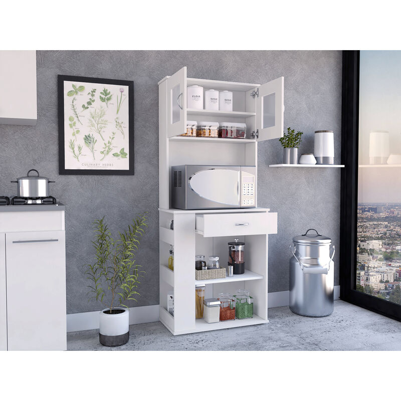 Capienza Pantry Cabinet, Two Shelves, Double Door, One Drawer, Three Side Shelves - White