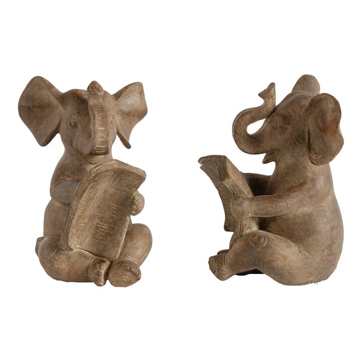 Ari Set of 2 Bookends, Reading Elephant Statuettes, Classic, Brown Resin - Benzara