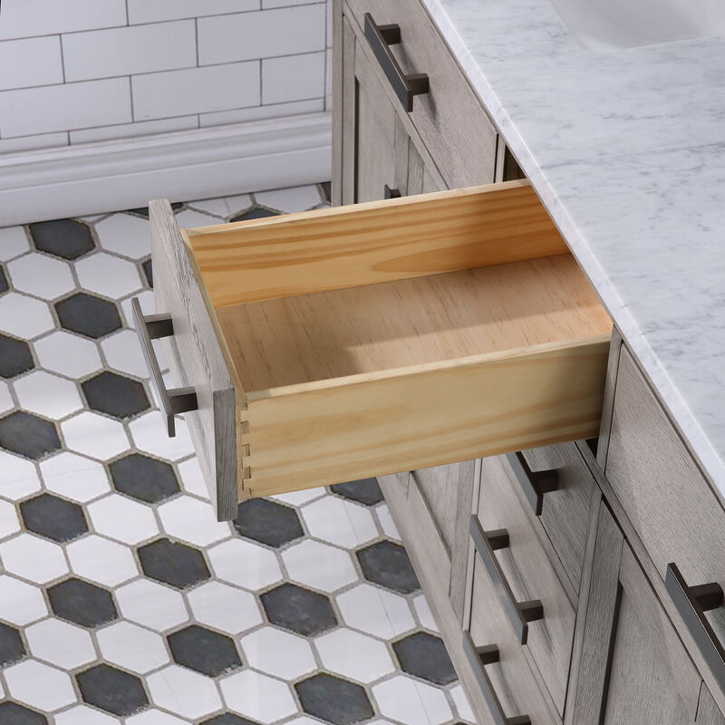 Chestnut 60 In. Double Sink Carrara White Marble Countertop Bath Vanity In Grey Oak with Oil Rubbed Bronze Hardware