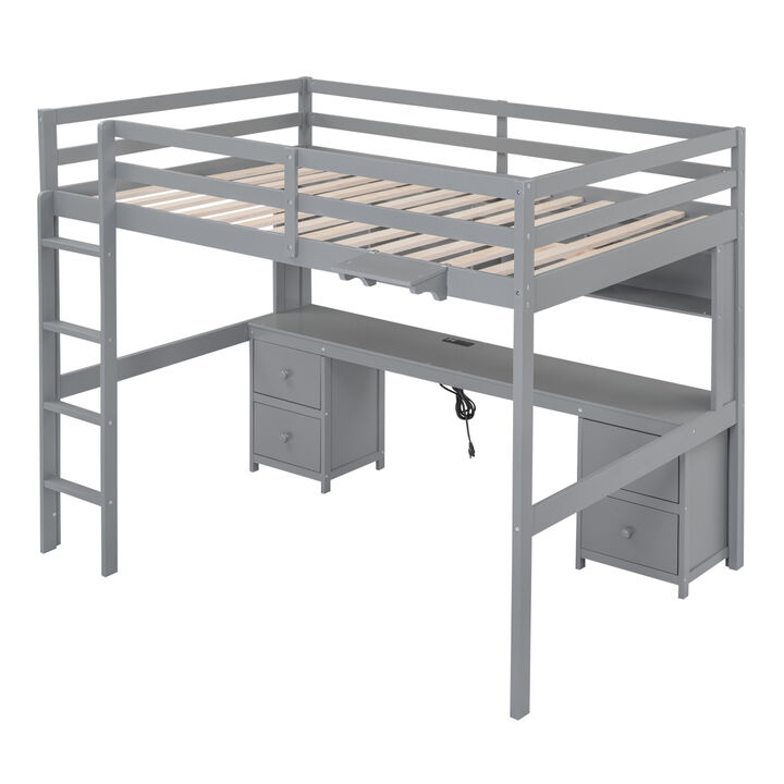 Full Size Loft Bed With Desk, Cabinets, Drawers And Bedside Tray, Charging Station Full Size Loft Bed With Desk, Cabinets, Drawers And Bedside Tray, Charging Station