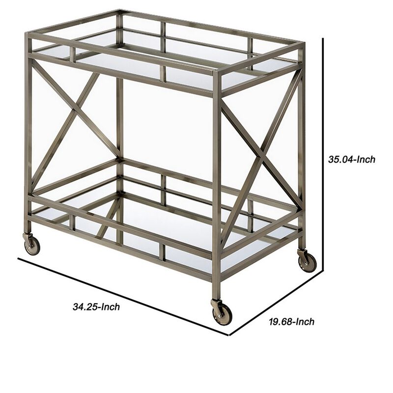 Metal Framed Two Tier Serving Cart with X Shaped Side Panels, Mirrored, Antique Gold-Benzara