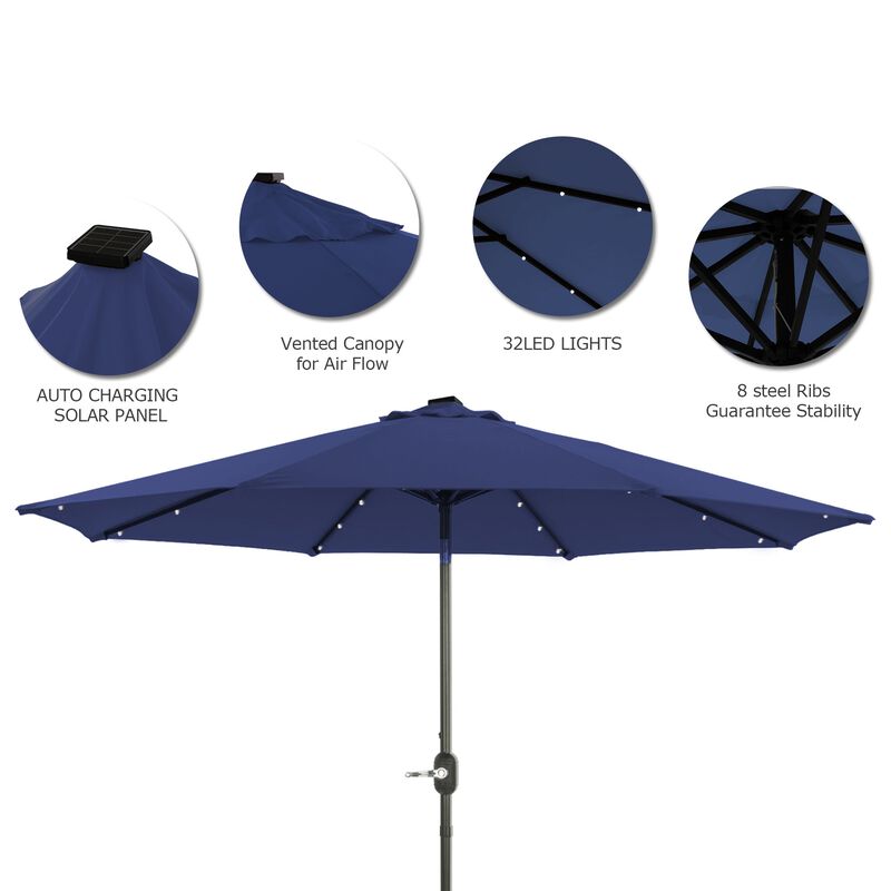 Mondawe 9ft Patio Umbrella Outdoor Market 32 LED Solar Umbrella with Tilt and Crank