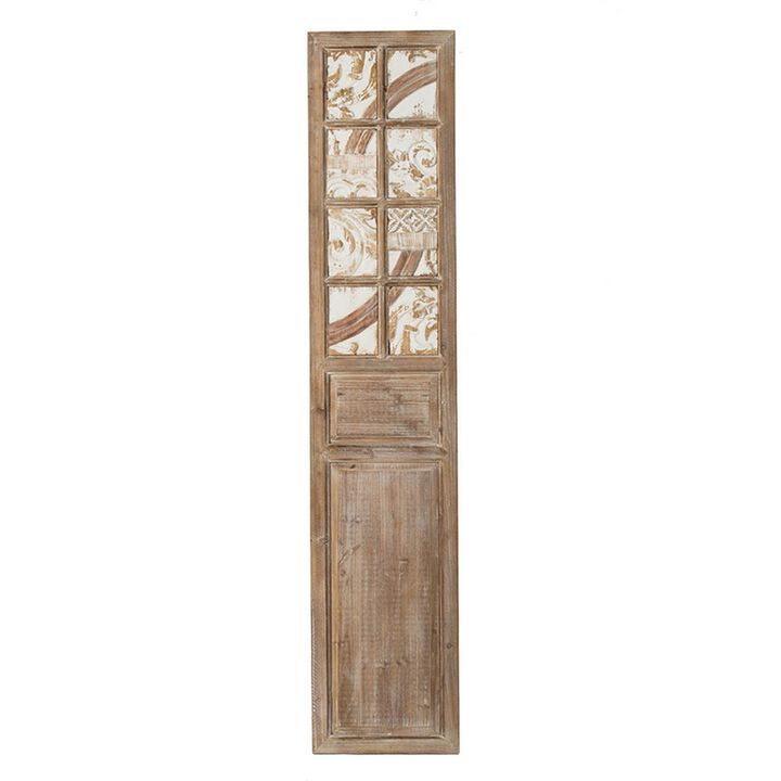 Hry 73 Inch Decorative Wood Panel, Tile Accents with Floral Leaf, Brown  - Benzara