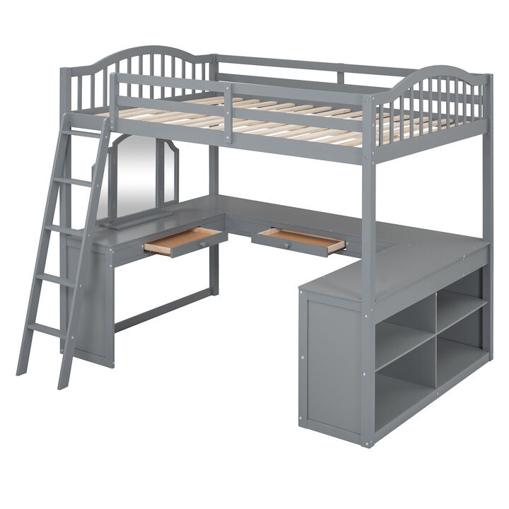 Merax Loft Bed with U-shaped Desk and Tri-fold Mirror