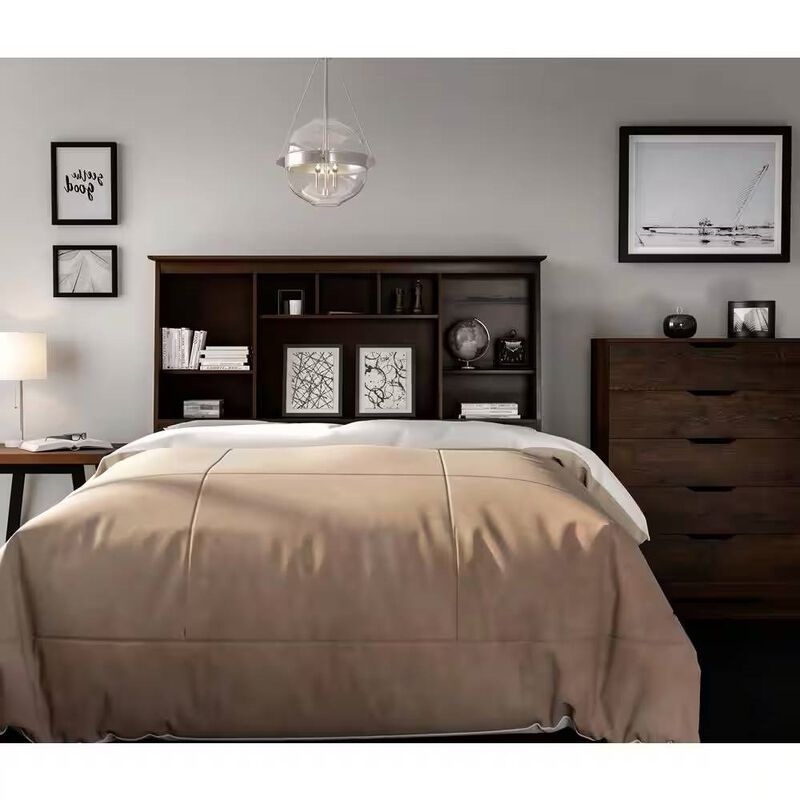 Farmhouse Style Bookcase Headboard with Wood Finish for Bedroom Storage