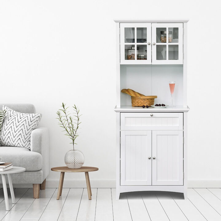 White Kitchen Buffet: Freestanding Hutch with Glass Door and Drawer