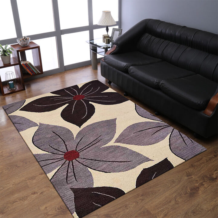 RUGSOTIC CARPETS HAND TUFTED WOOL ECO-FRIENDLY AREA RUGS  - 8'x10', Rectangle Shape, Cream, Floral Modern Design, High Pile Thick Handmade Anti Skid Area Rugs for Living Room, Bed Room (K00926)