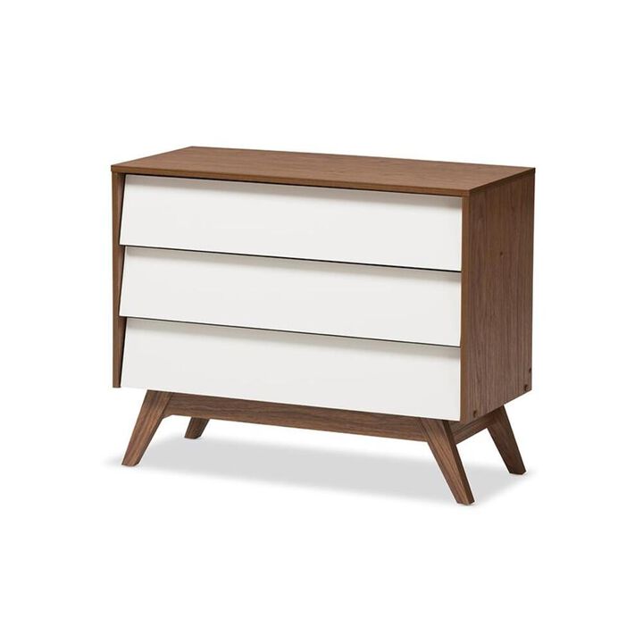 Baxton Studio Hildon Mid-Century Modern White and Walnut Wood 3-Drawer Storage Chest