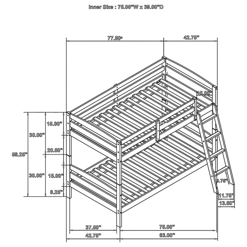 Diana Twin Over Twin Bunk Bed, Safety Rails, Slanted Ladder, Gray Wood - Benzara