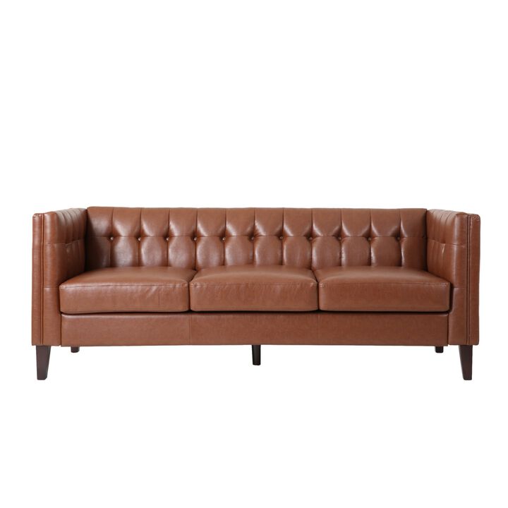 Ember Sofa with Chesterfield Tufted Brown Faux Leather Upholstery