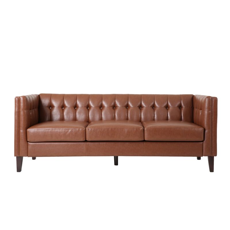 Ember Sofa with Chesterfield Tufted Brown Faux Leather Upholstery