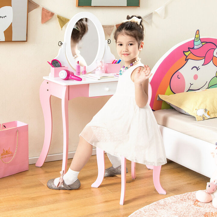 Pretend Kids Vanity Set with 360� Rotatable Mirror and Play Accessories