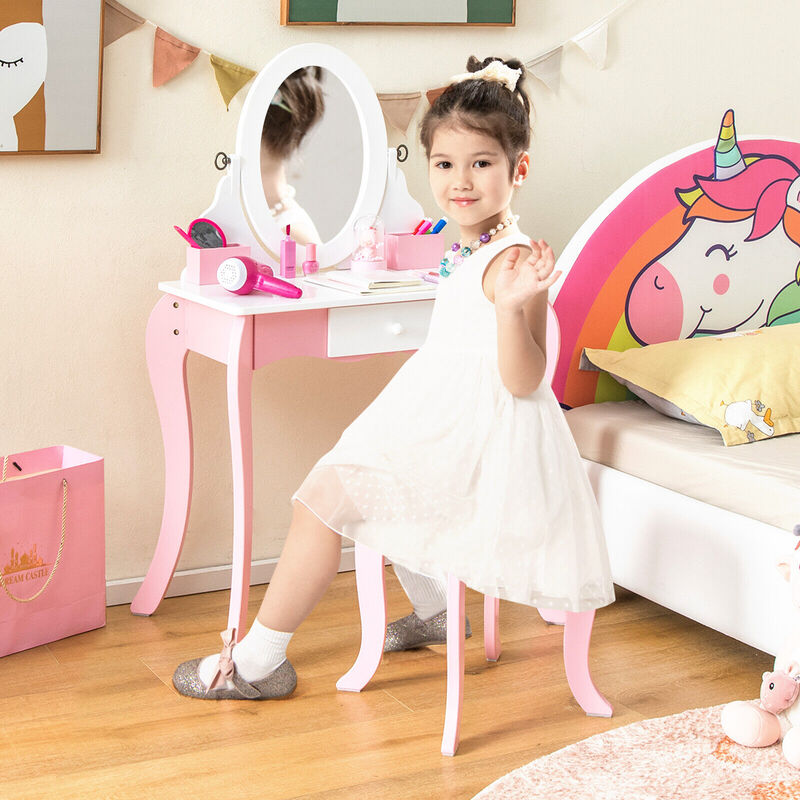 Pretend Kids Vanity Set with 360� Rotatable Mirror and Play Accessories