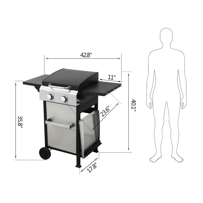 MONDAWE 2-Burner Propane Gas BBQ Grill, SS Plancha, 24600BTU Output With Wire Enamel Cooking Grids For Outdoor Barbecue, Foldable Side Table, Hanging Basket, Stainless Steel