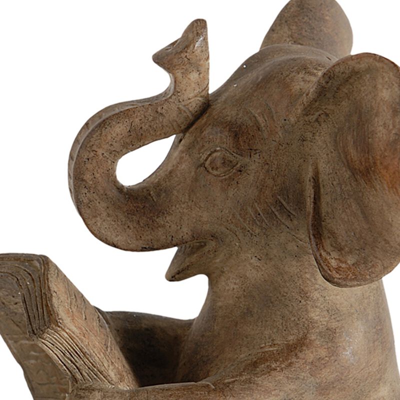 Ari Set of 2 Bookends, Reading Elephant Statuettes, Classic, Brown Resin - Benzara