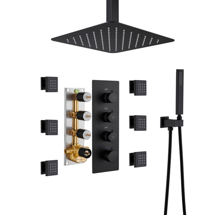 Mondawe 3 Functions Ceiling Mounted Thermostatic Shower System with 6 Body Jets and Rough-in Valve in Chrome