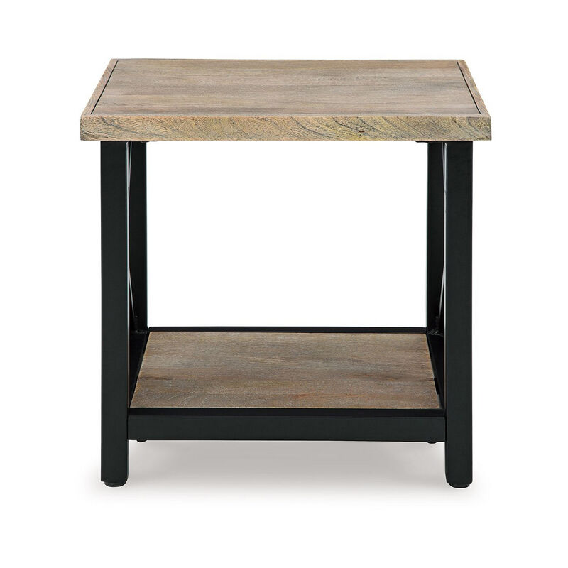 Sten Side End Table, Shelf, Rustic Brown Wood, 24 Inch Black Metal - Benzara