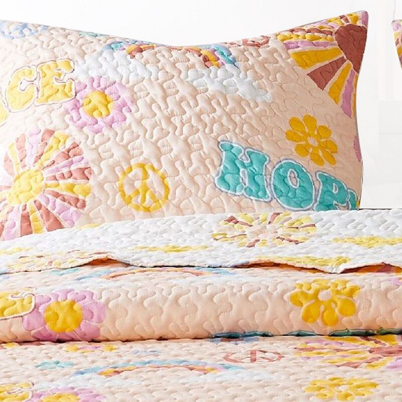 Berlin 2 Piece Microfiber Rainbows and Clouds Print Twin Quilt Set, Beige - Benzara