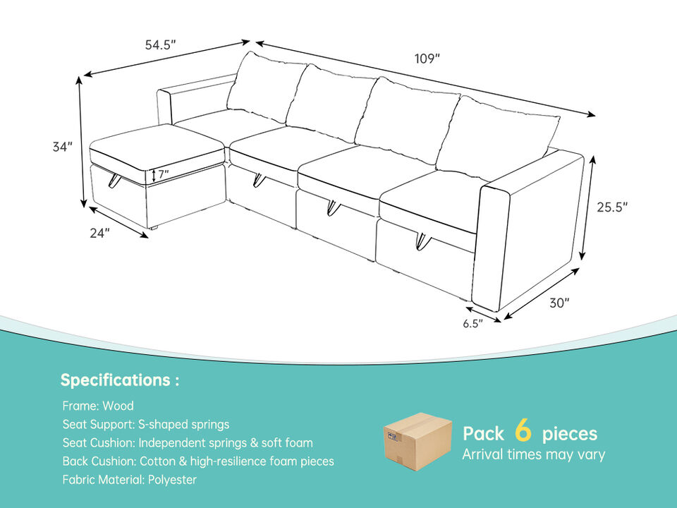 Modular 4-Seat Sectional Sofa with Wooden Frame and Chaise, Convertible Sofa with Pull-Out Bed, Available in Black, White, and Gray,109" L x 54.5" W x 34" H