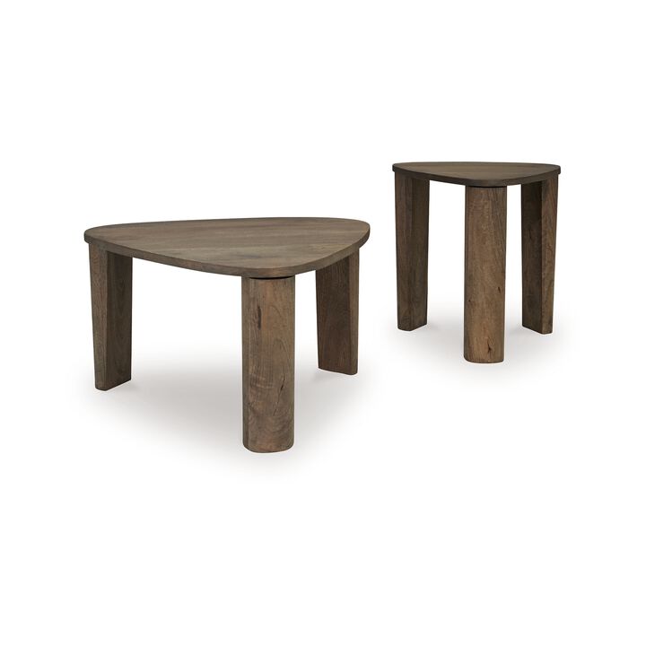 Nesting Accent Table Set of 2, Triangular Shape Tops, Brown Mango Wood - Benzara